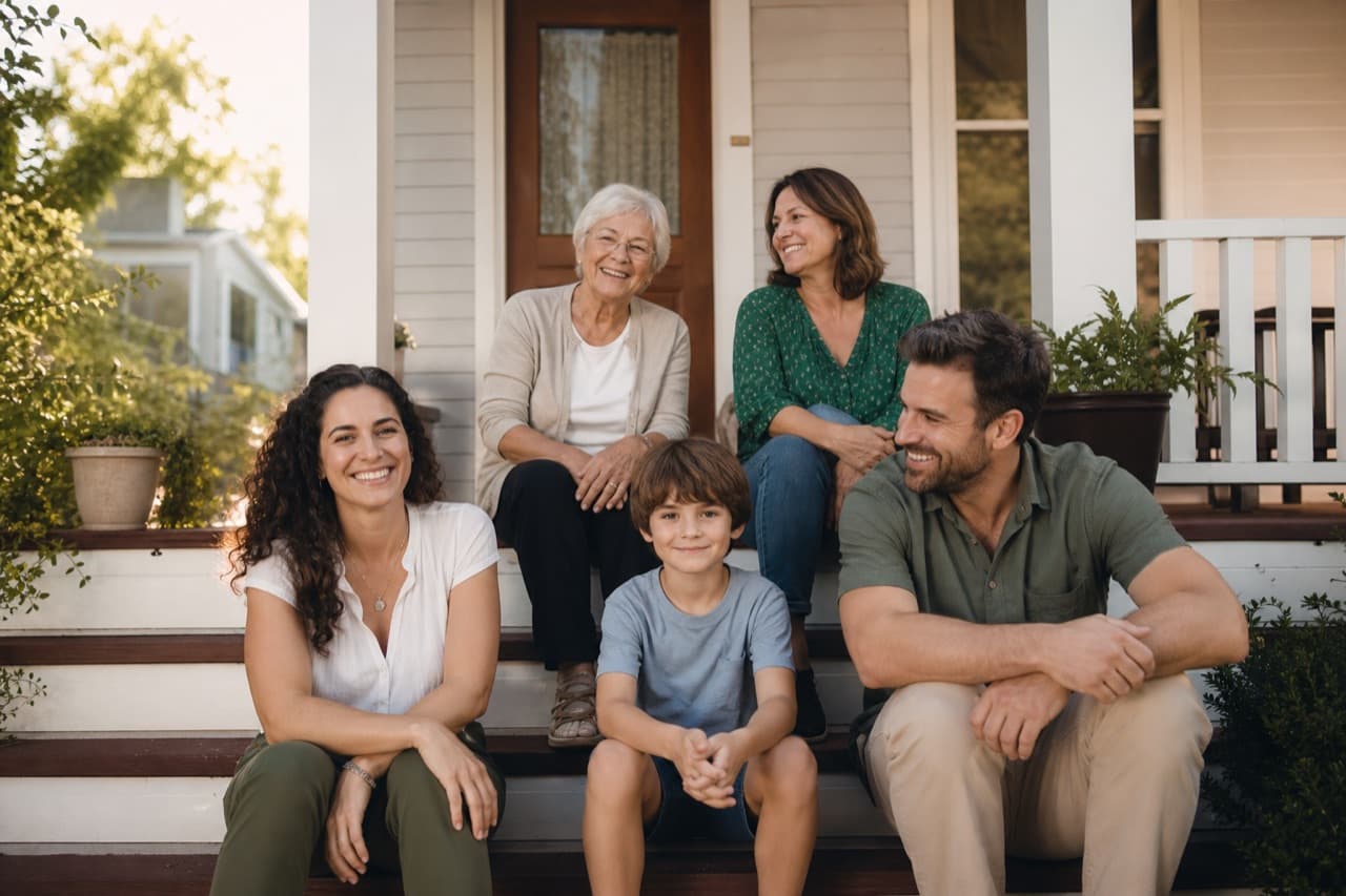A relieved family on their porch after closing