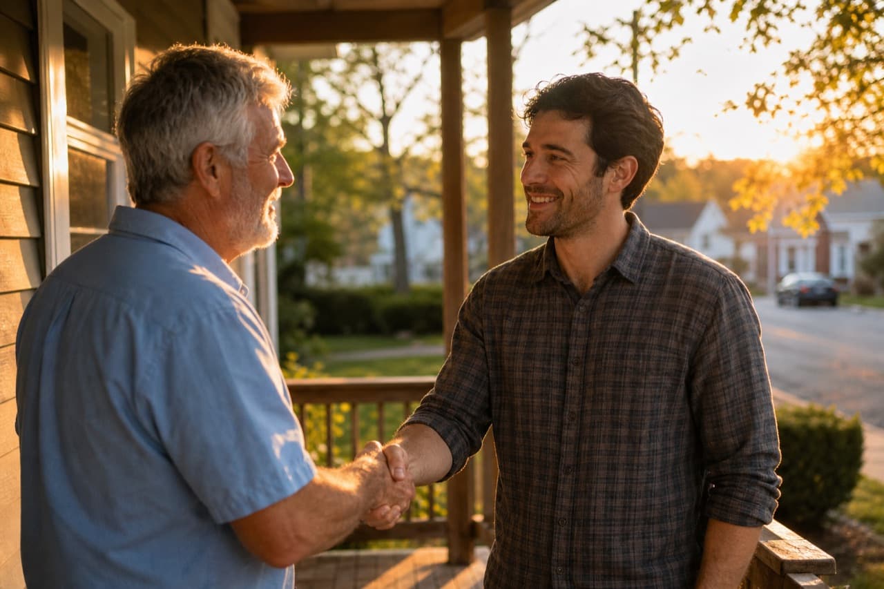 A homeowner and local buyer shaking hands on a front porch